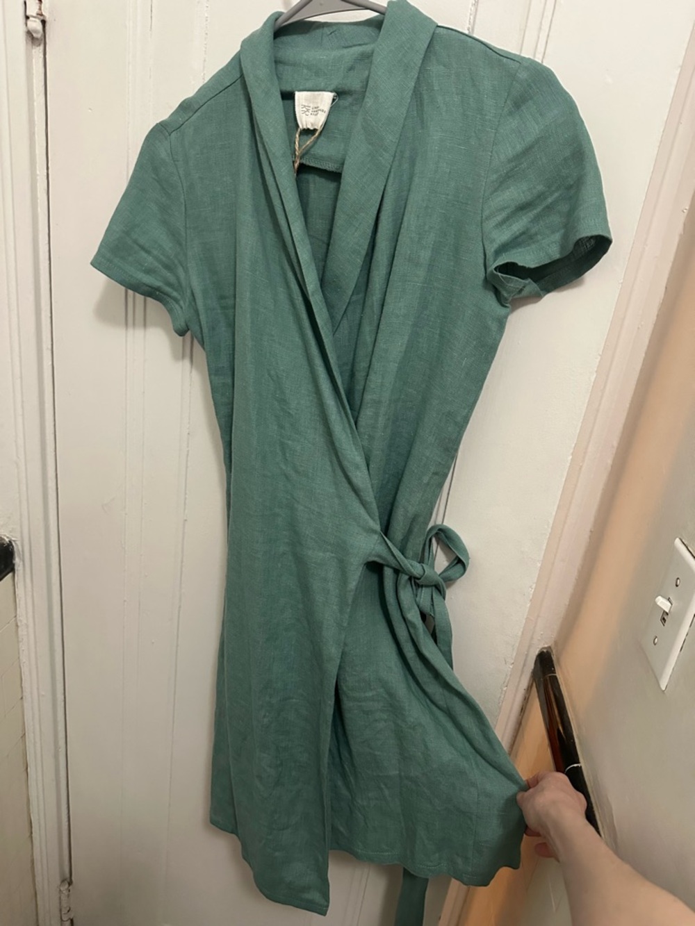 Linen Handmade Studio Mini Wrap Dress “Safari” in Teal